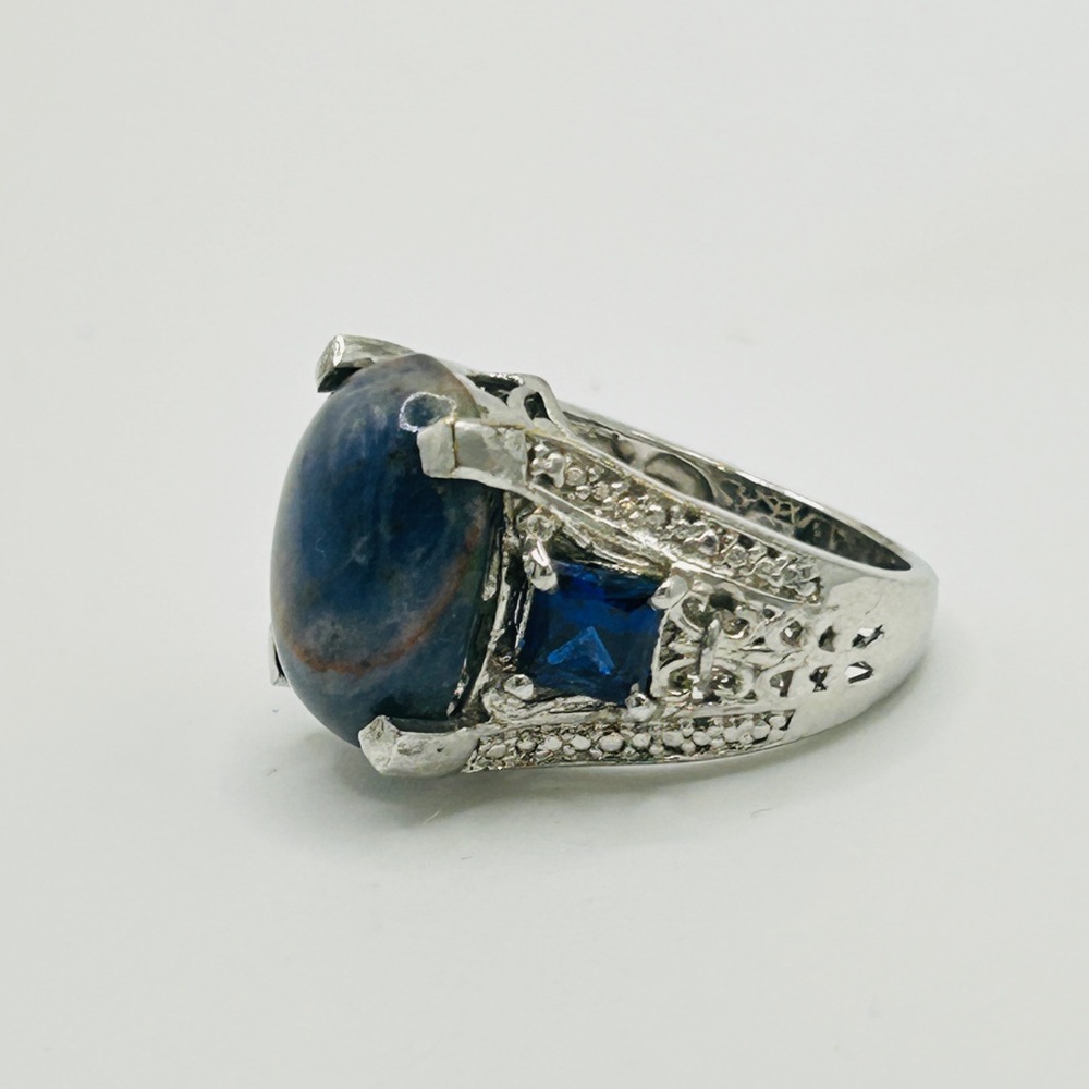 Sodalite and Simulated Sapphire Ring; Size 6; Stainless Steel - Picture 3 of 9